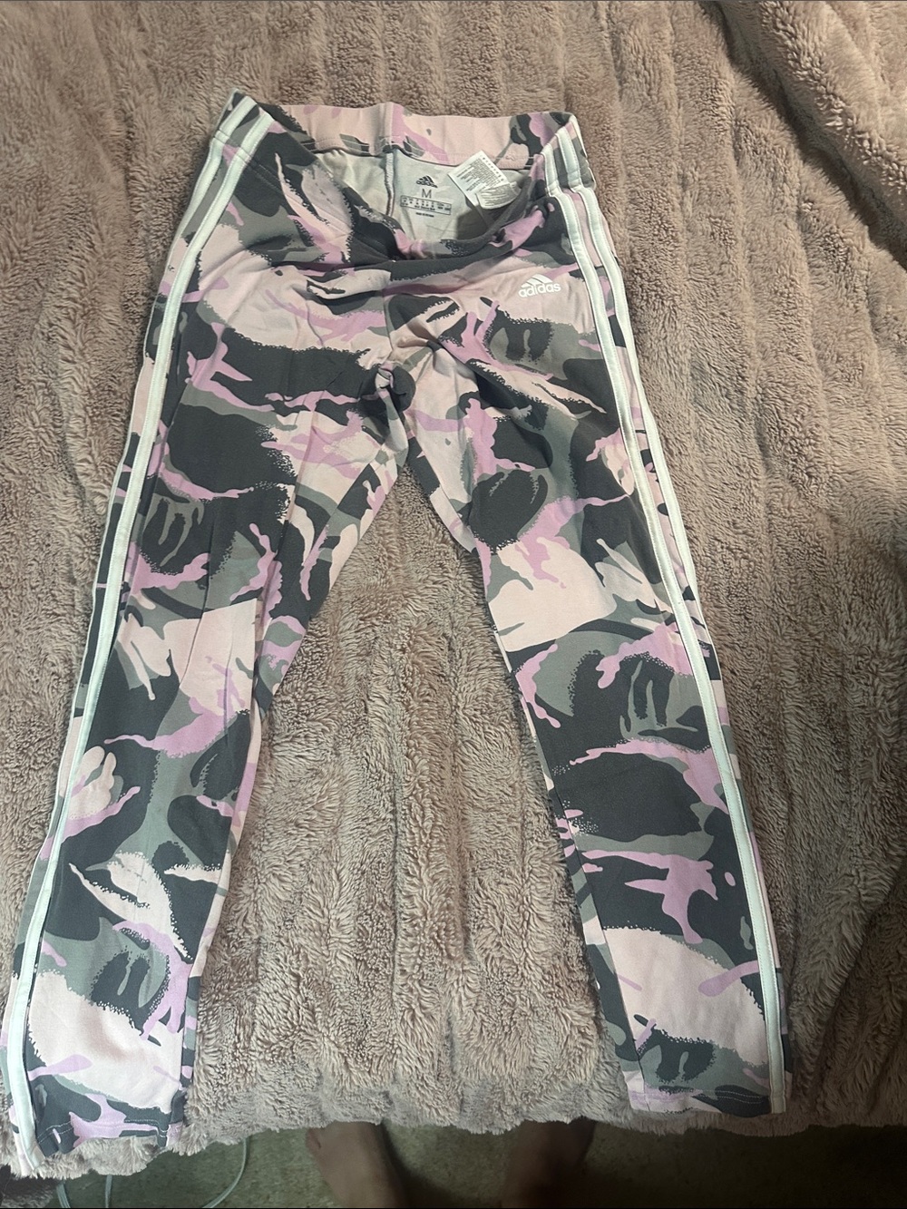 adidas Pink & Gray Camo Kids' Leggings with White Stripes